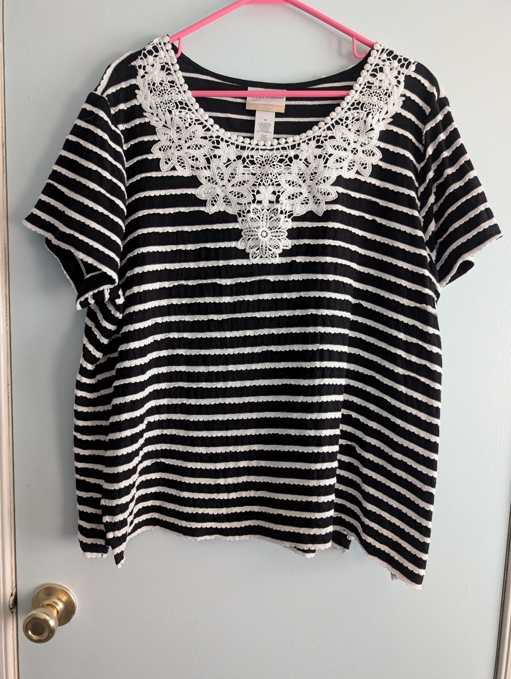 Alfred Dunner Black & White Striped Short Sleeve Top with Crochet Yoke